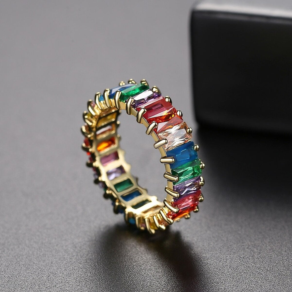 Rainbow Baguette Crystal Gold Band Ring For Women Gift Bulk