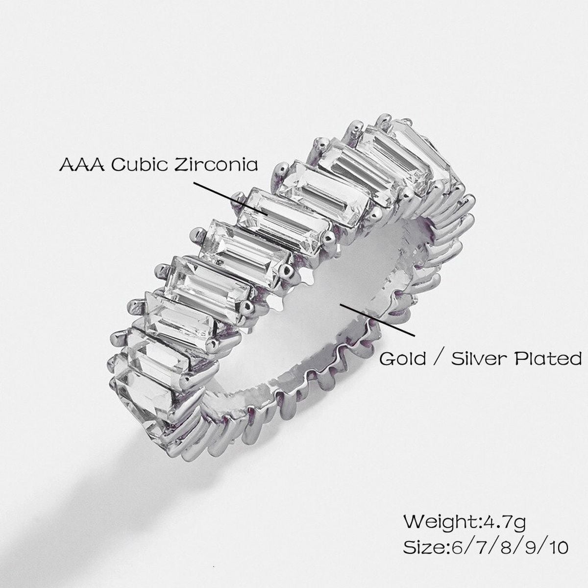 Stylish Baguette Cubic Zirconia Silver Band Ring Women Gift Bulk Secondary image