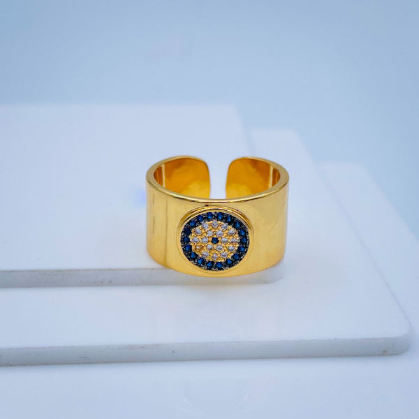 Evil Eye Blue 18K Gold Stylish Daily Party CZ Ring Free Size Bulk Main image