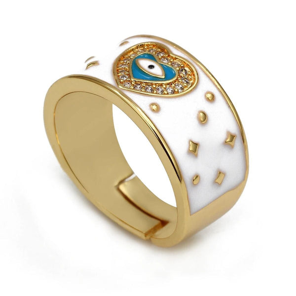 Heart Evil Eye White Enamel Gold Adjustable Band Ring Gift Bulk Secondary image