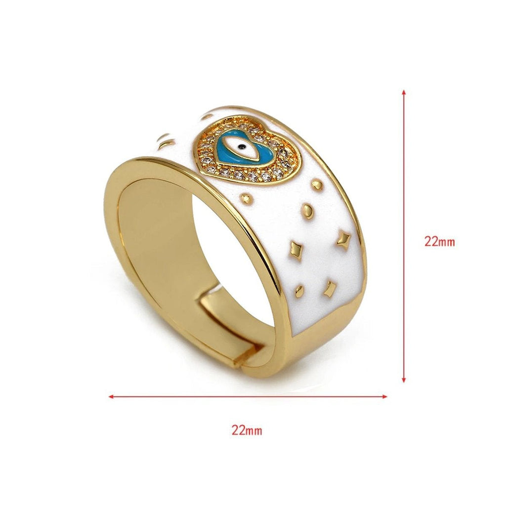 Heart Evil Eye White Enamel Gold Adjustable Band Ring Gift Bulk