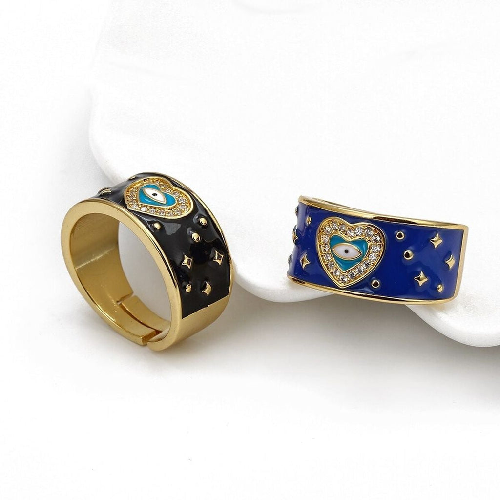 Heart Evil Eye White Enamel Gold Adjustable Band Ring Gift Bulk