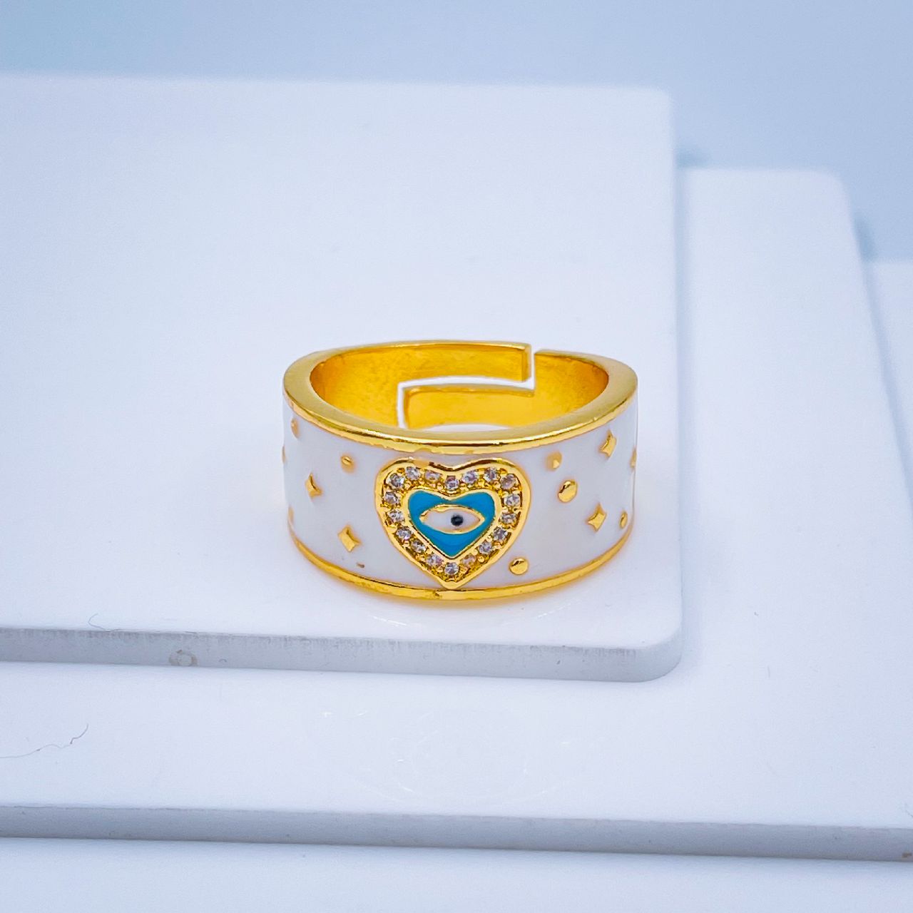 Heart Evil Eye White Enamel Gold Adjustable Band Ring Gift Bulk Main image