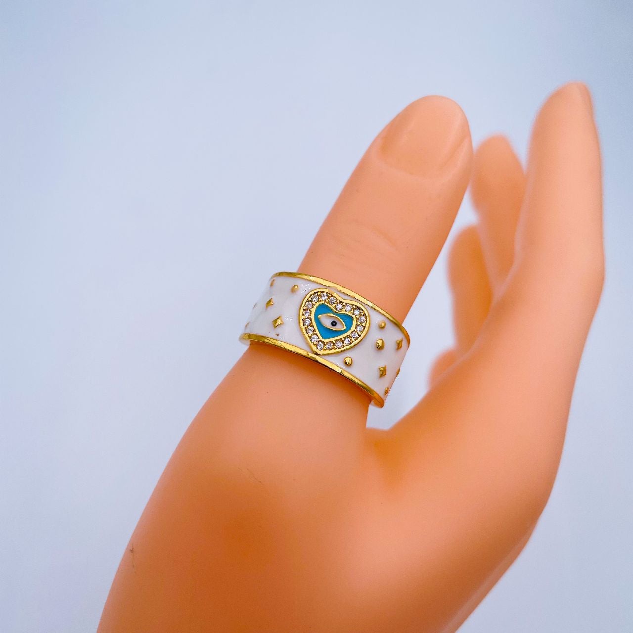 Heart Evil Eye White Enamel Gold Adjustable Band Ring Gift Bulk