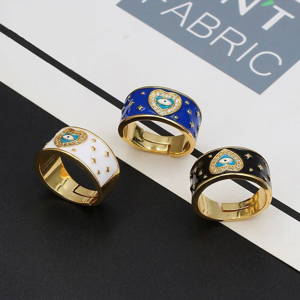 Heart Evil Eye White Enamel Gold Adjustable Band Ring Gift Bulk