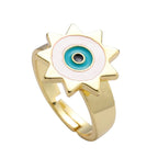 Sun Evil Eye White Enamel Gold Adjustable Band Ring Gift Bulk