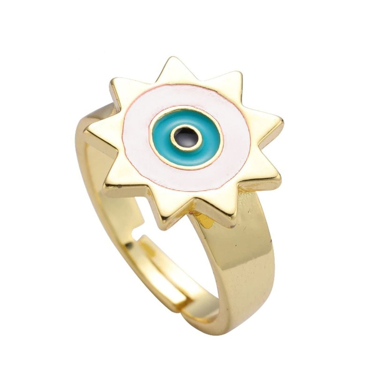 Sun Evil Eye White Enamel Gold Adjustable Band Ring Gift Bulk