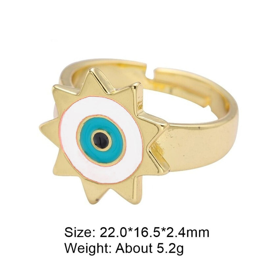 Sun Evil Eye White Enamel Gold Adjustable Band Ring Gift Bulk