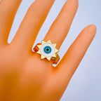 Sun Evil Eye White Enamel Gold Adjustable Band Ring Gift Bulk