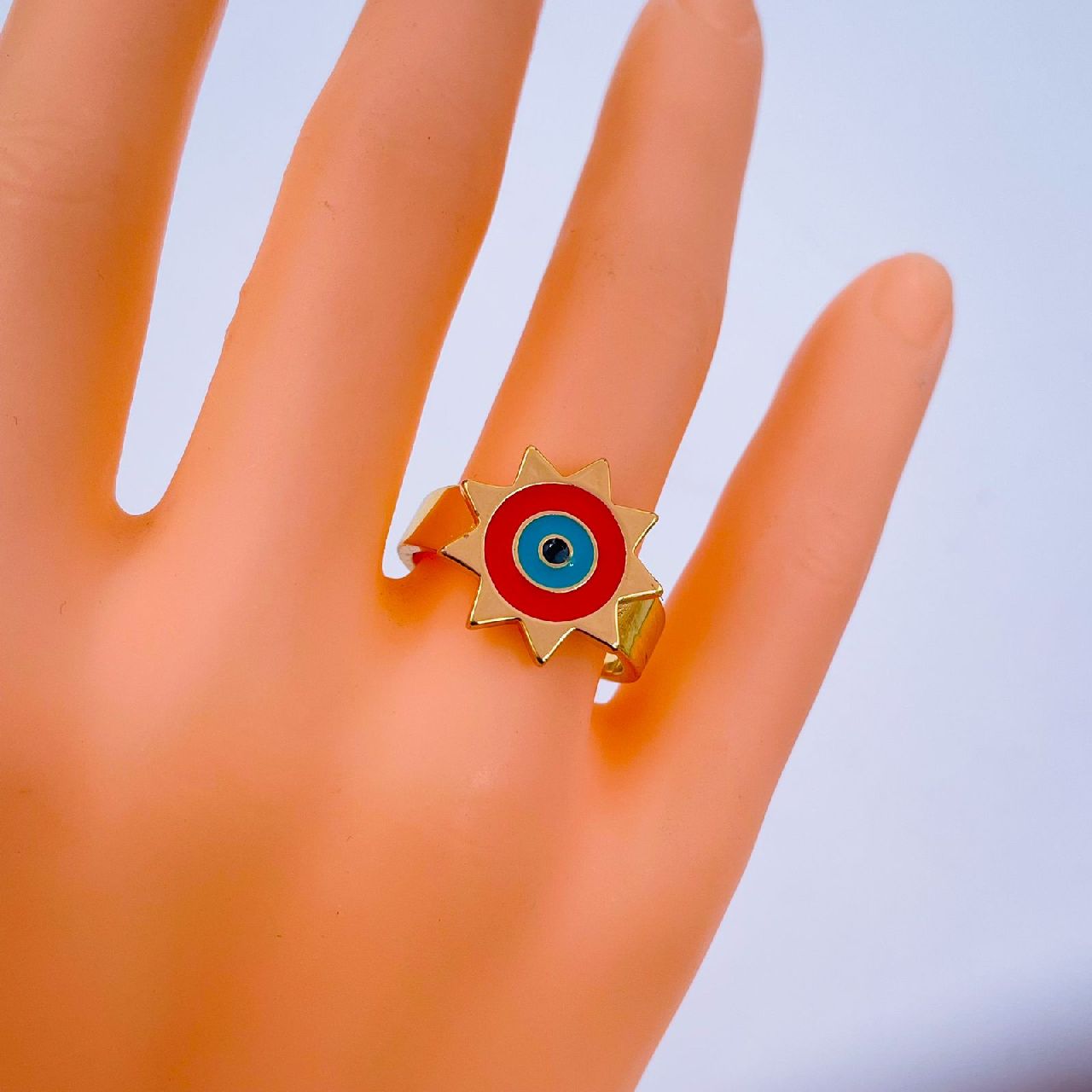 Sun Evil Eye White Enamel Gold Adjustable Band Ring Gift Bulk