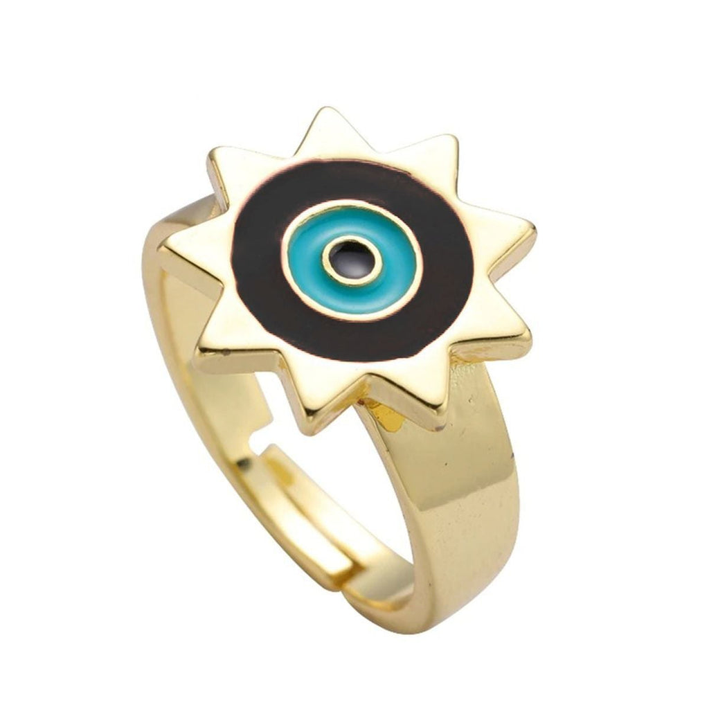 Sun Evil Eye White Enamel Gold Adjustable Band Ring Gift Bulk