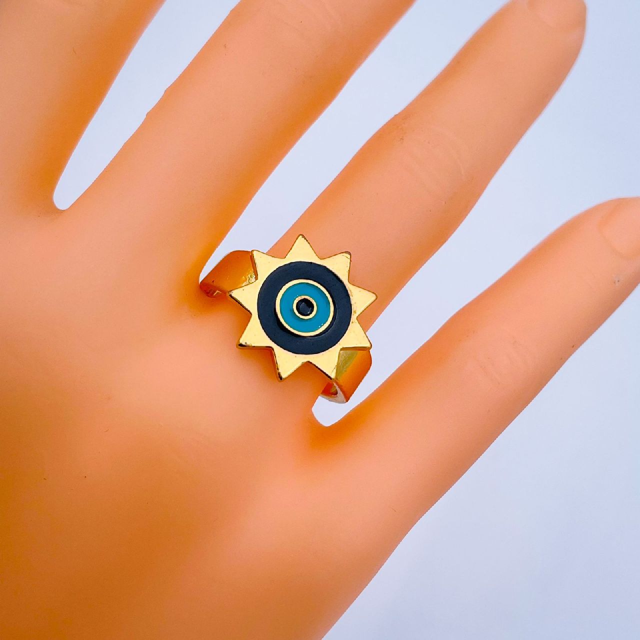 Sun Evil Eye White Enamel Gold Adjustable Band Ring Gift Bulk