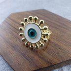 Flower Round Evil Eye Blue Enamel Gold Adjustable Band Ring Gift Bulk