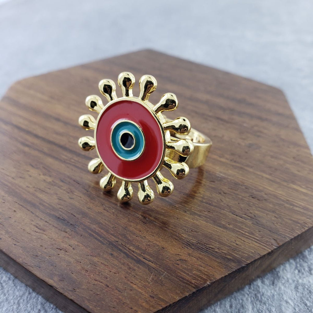 Flower Round Evil Eye Blue Enamel Gold Adjustable Band Ring Gift Bulk