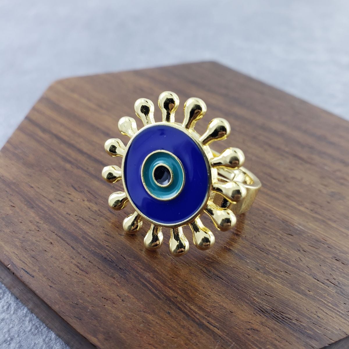 Flower Round Evil Eye Blue Enamel Gold Adjustable Band Ring Gift Bulk