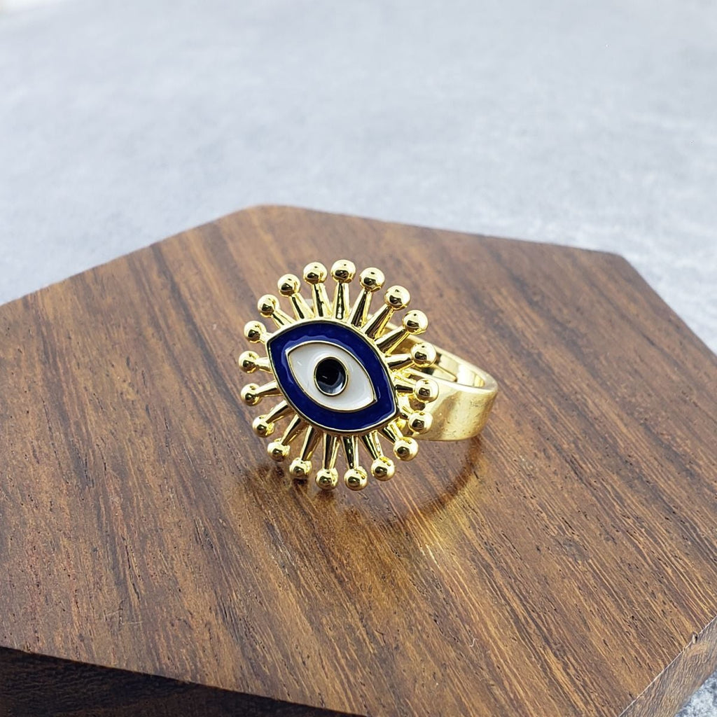 Flower Evil Eye White Enamel Gold Adjustable Band Ring Gift Bulk