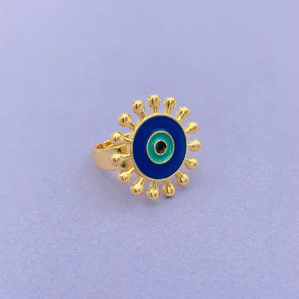 Flower Round Evil Eye Blue Enamel Gold Adjustable Band Ring Gift Bulk Main image