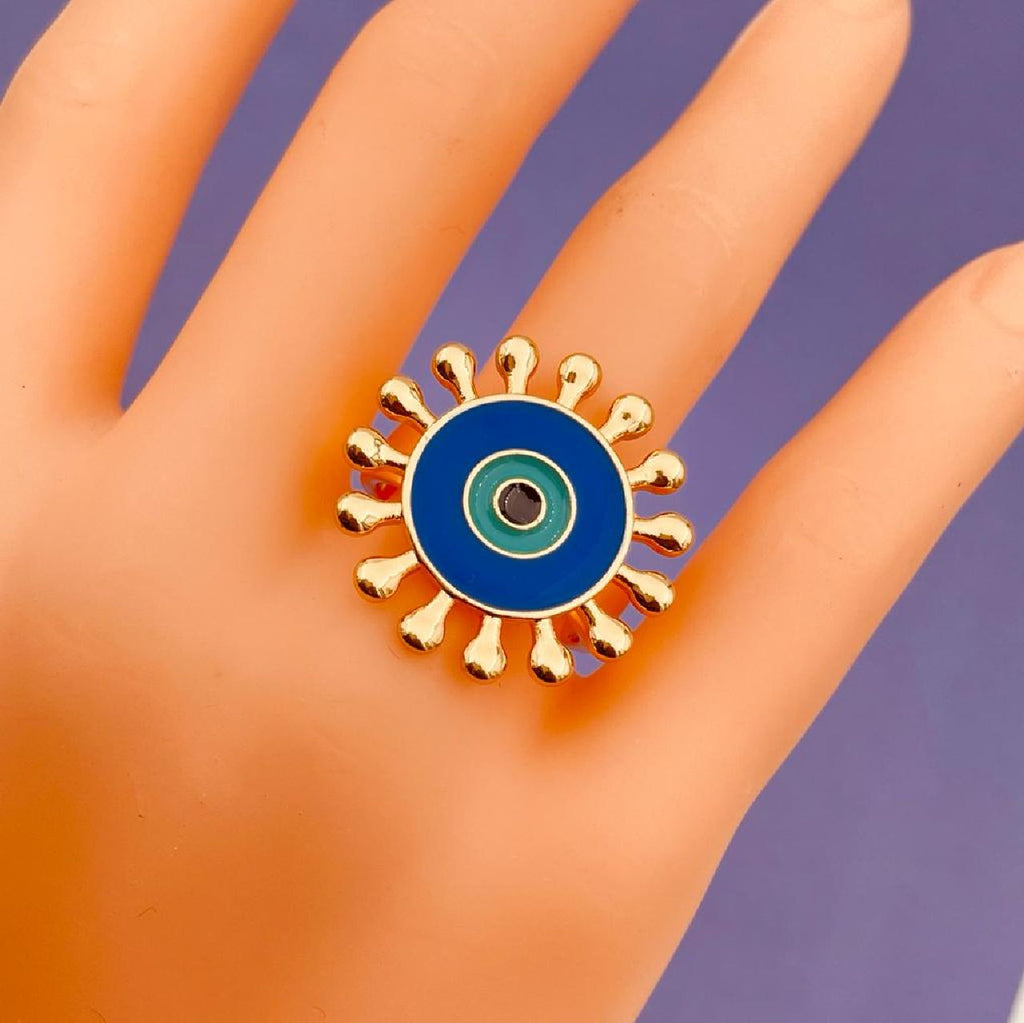 Flower Round Evil Eye Blue Enamel Gold Adjustable Band Ring Gift Bulk