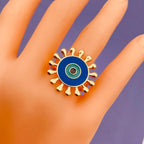 Flower Round Evil Eye Blue Enamel Gold Adjustable Band Ring Gift Bulk