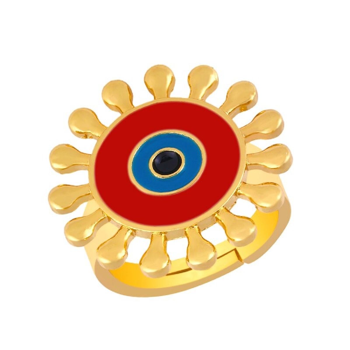 Flower Round Evil Eye Blue Enamel Gold Adjustable Band Ring Gift Bulk