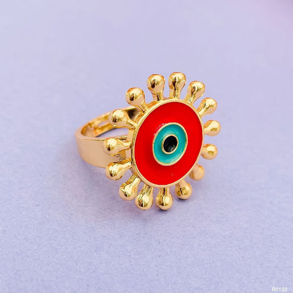 Flower Round Evil Eye Blue Enamel Gold Adjustable Band Ring Gift Bulk Secondary image