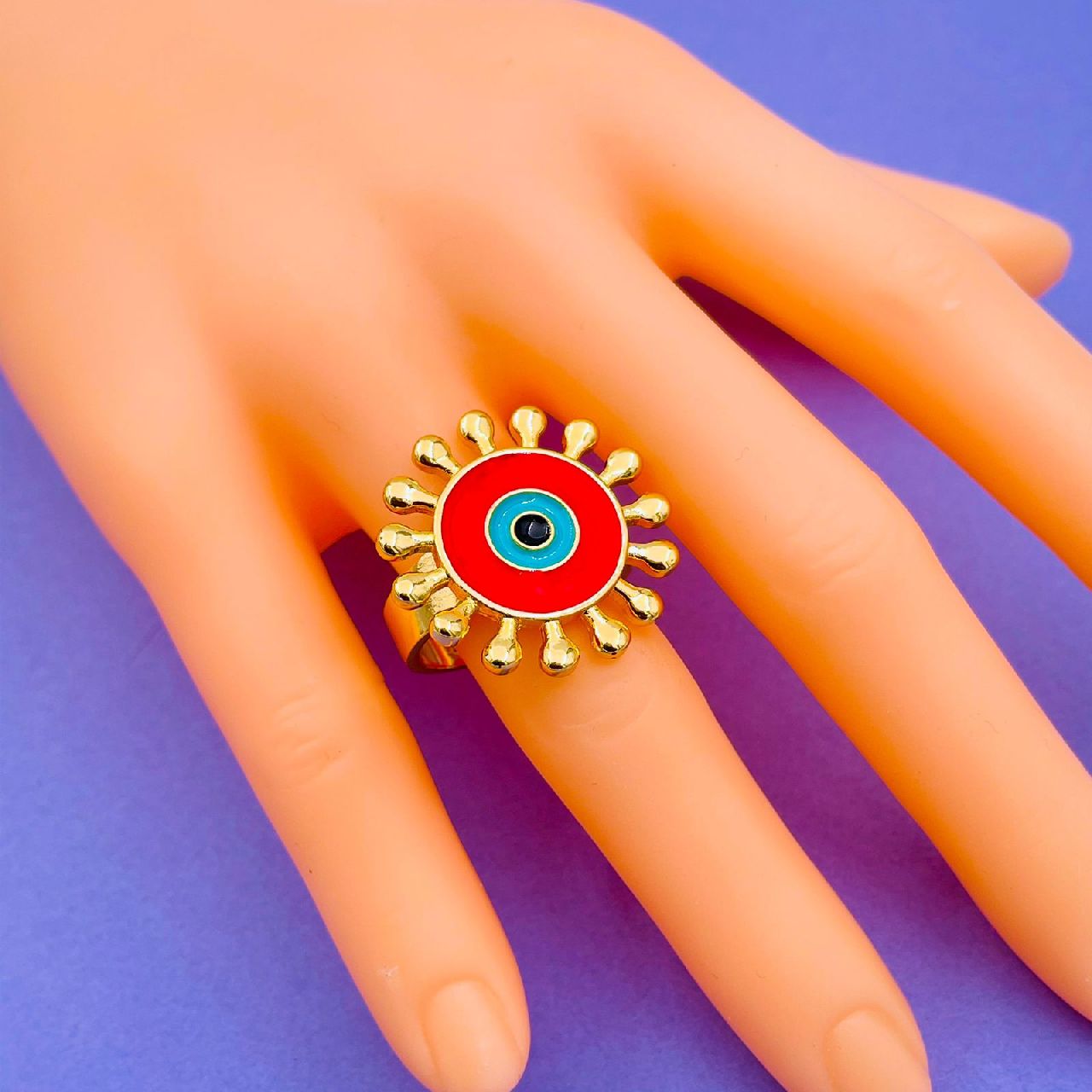 Flower Round Evil Eye Blue Enamel Gold Adjustable Band Ring Gift Bulk