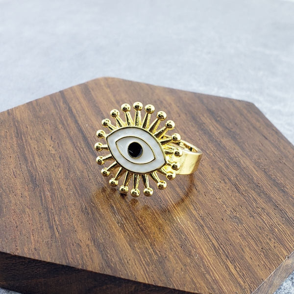 Flower Evil Eye White Enamel Gold Adjustable Band Ring Gift Bulk Main image