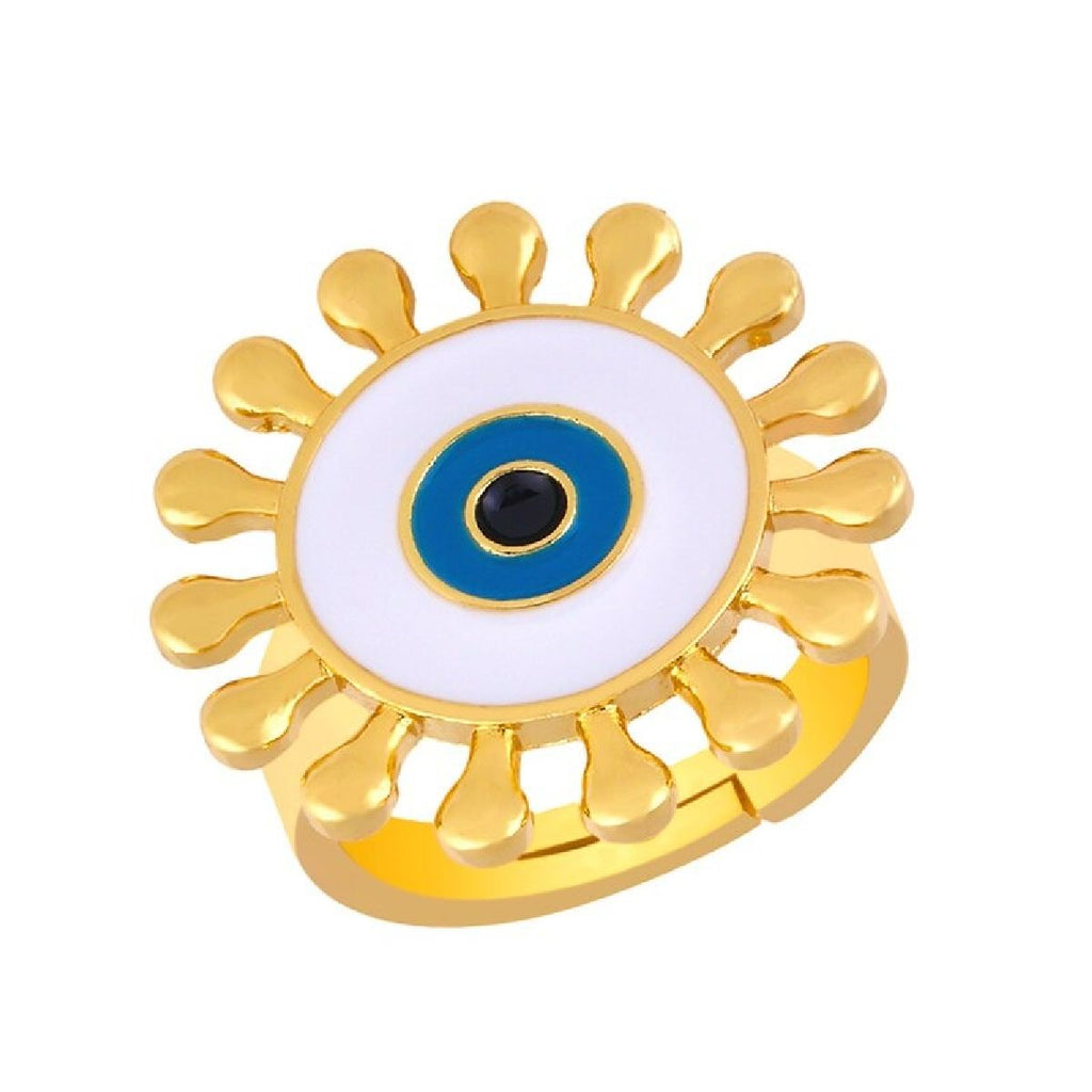 Flower Round Evil Eye Blue Enamel Gold Adjustable Band Ring Gift Bulk