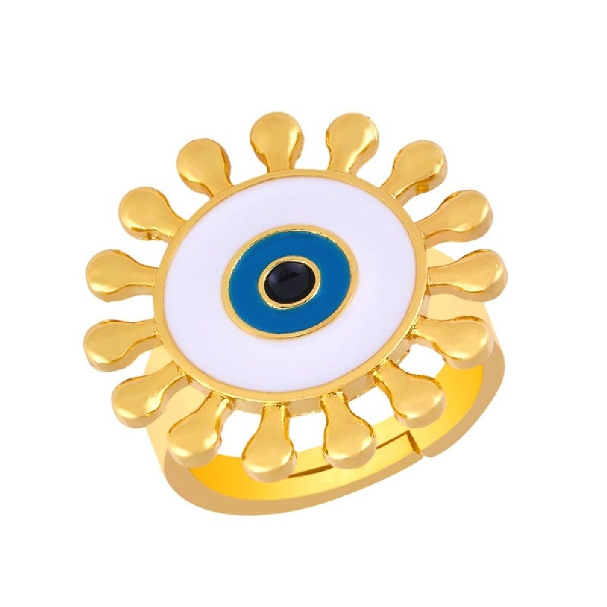 Flower Round Evil Eye Blue Enamel Gold Adjustable Band Ring Gift Bulk