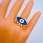 Flower Oval Evil Eye Red Enamel Gold Adjustable Band Ring Gift Bulk