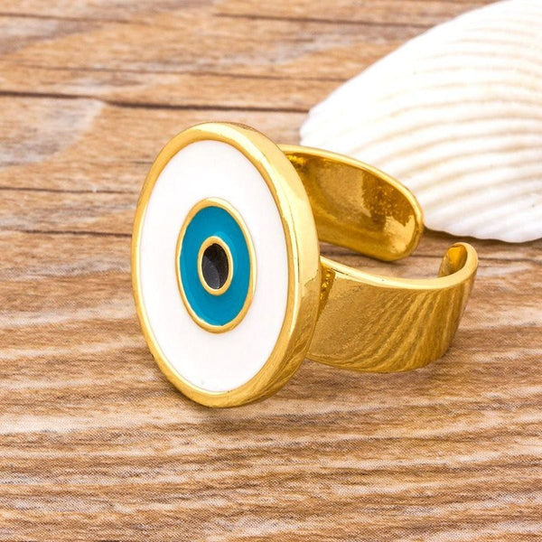 Round Evil Eye White Enamel Gold Adjustable Band Ring Gift Bulk Main image