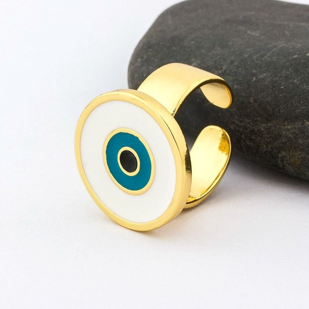 Round Evil Eye White Enamel Gold Adjustable Band Ring Gift Bulk