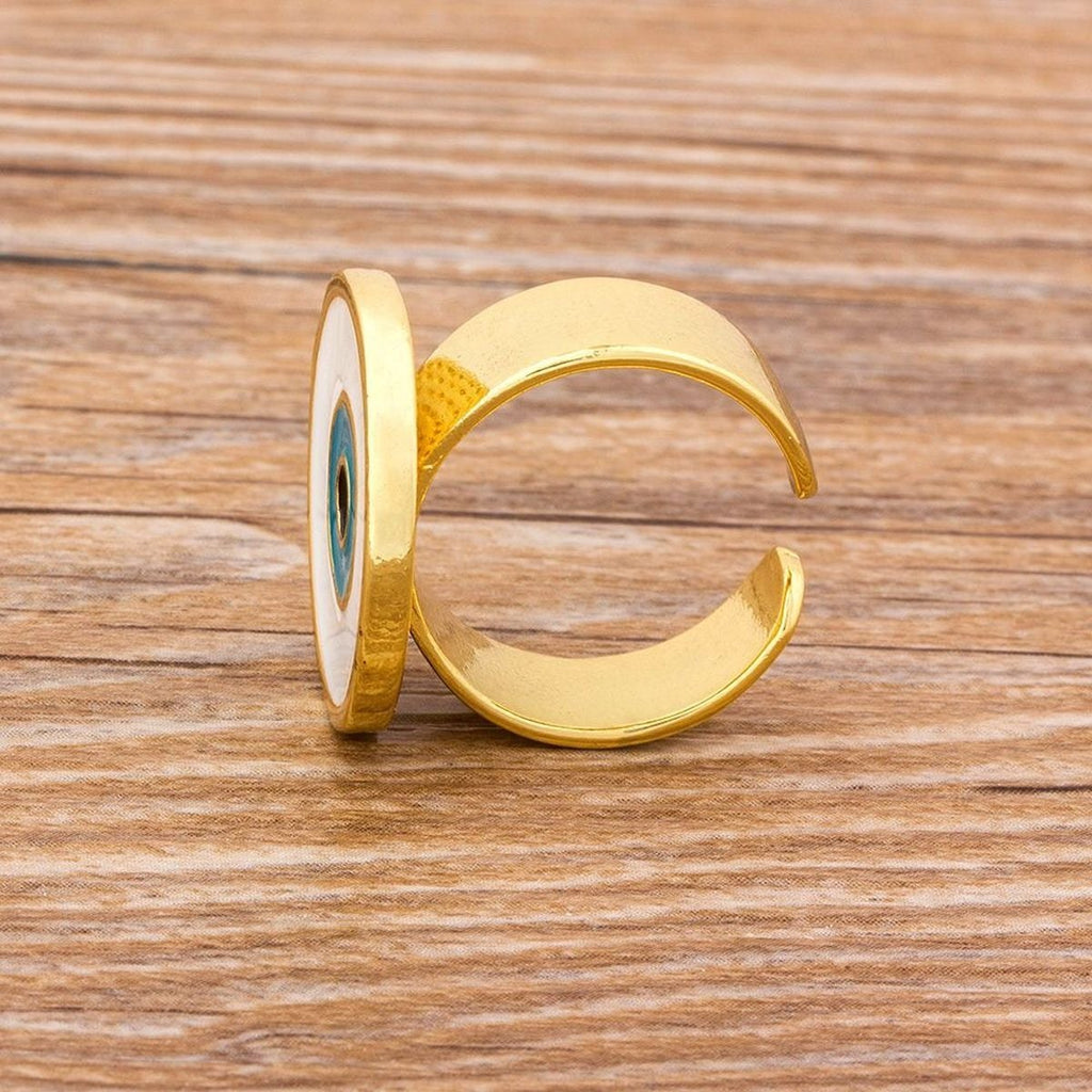 Round Evil Eye White Enamel Gold Adjustable Band Ring Gift Bulk