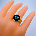 Round Evil Eye White Enamel Gold Adjustable Band Ring Gift Bulk