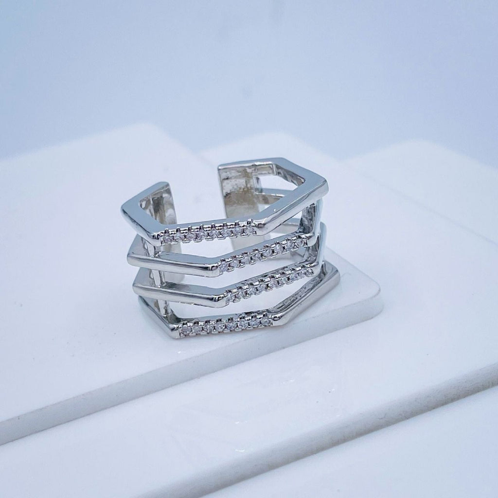 Hexagon Silver Copper Band Ring Adjustable Free Size For Women Bulk