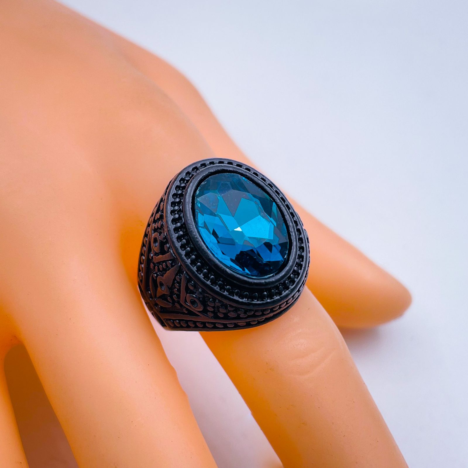 Stylish Daily Party Biker Alloy Crystal Denim Blue Round Ring Men Bulk