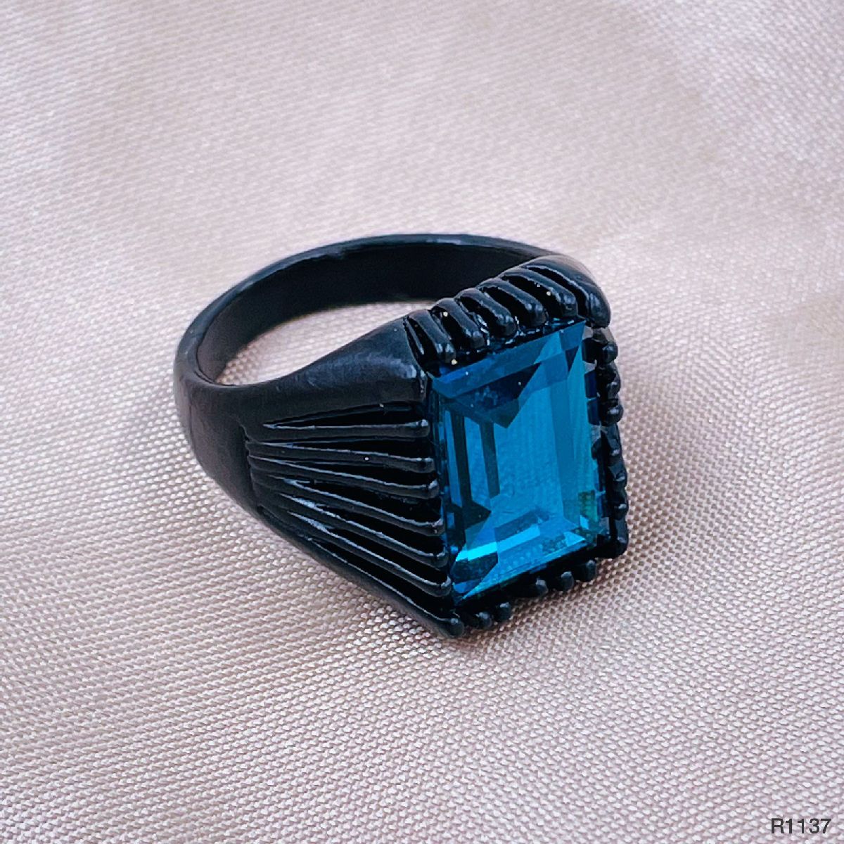 Rectangle Sea Blue Black Cubic Zirconia Crystal Alloy Ring Men Bulk