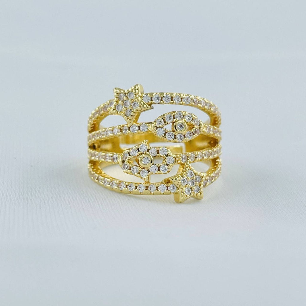 Evil Eye Hamsa Star Gold Copper CZ Adjustable Band Ring Bulk