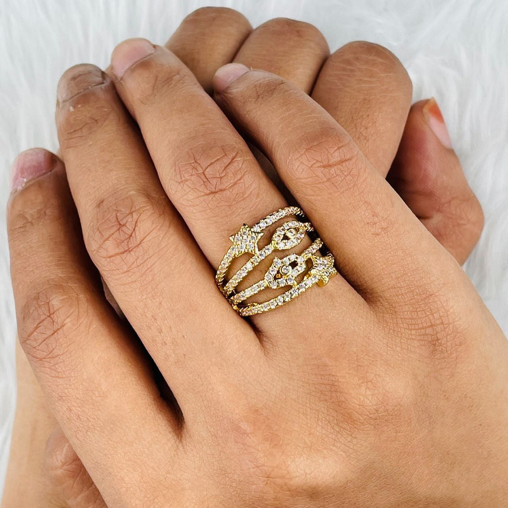 Evil Eye Hamsa Star Gold Copper CZ Adjustable Band Ring Bulk