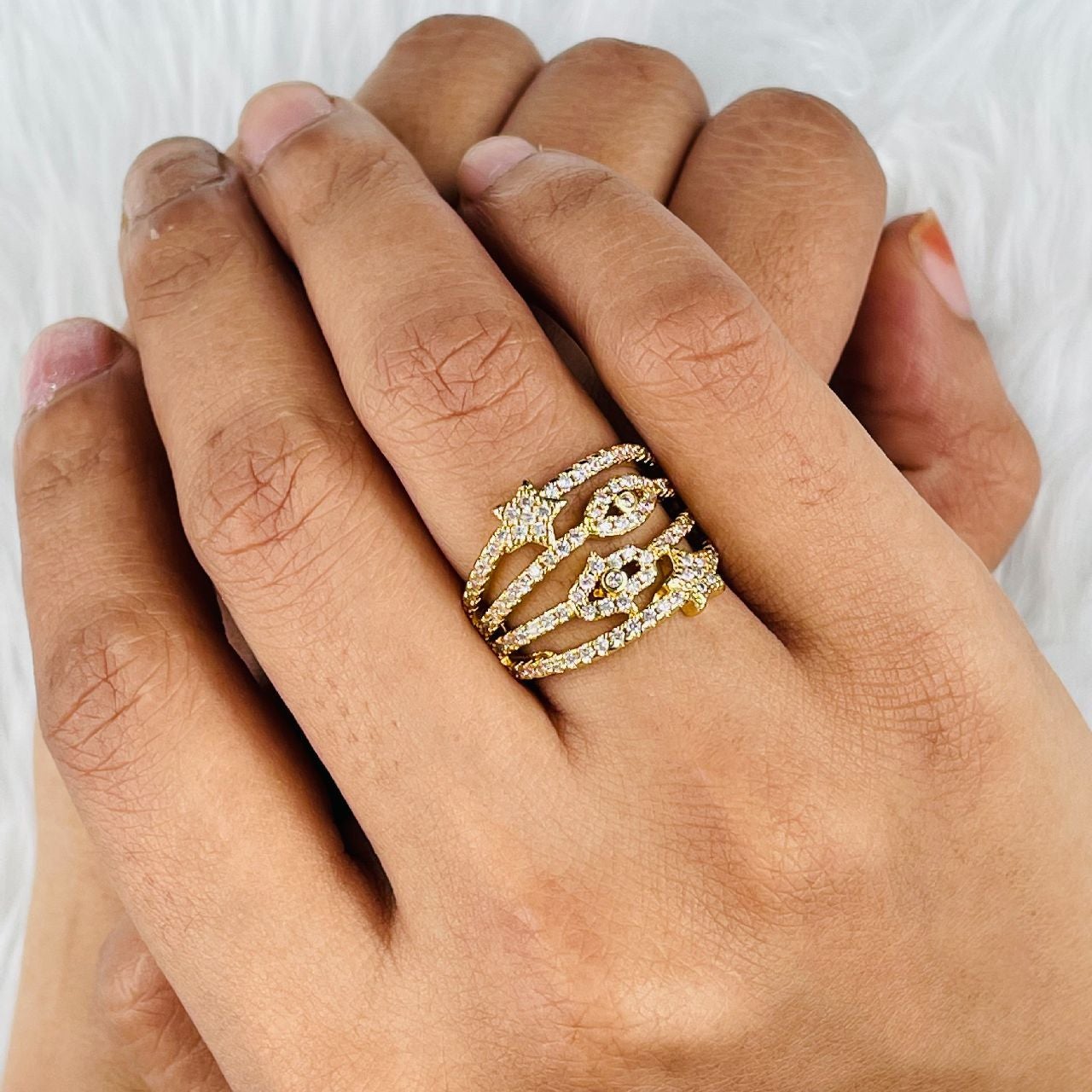Evil Eye Hamsa Star Gold Copper CZ Adjustable Band Ring Bulk