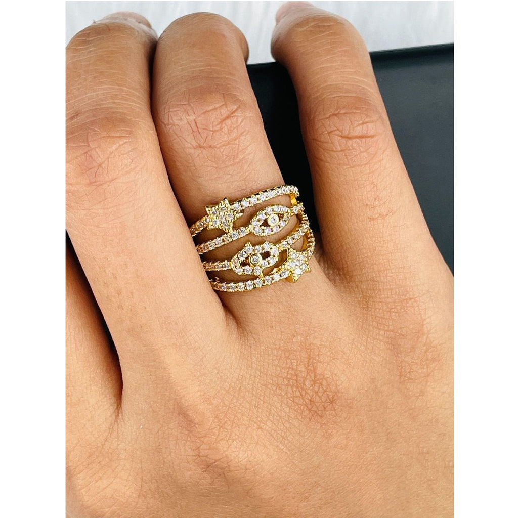 Evil Eye Hamsa Star Gold Copper CZ Adjustable Band Ring Bulk