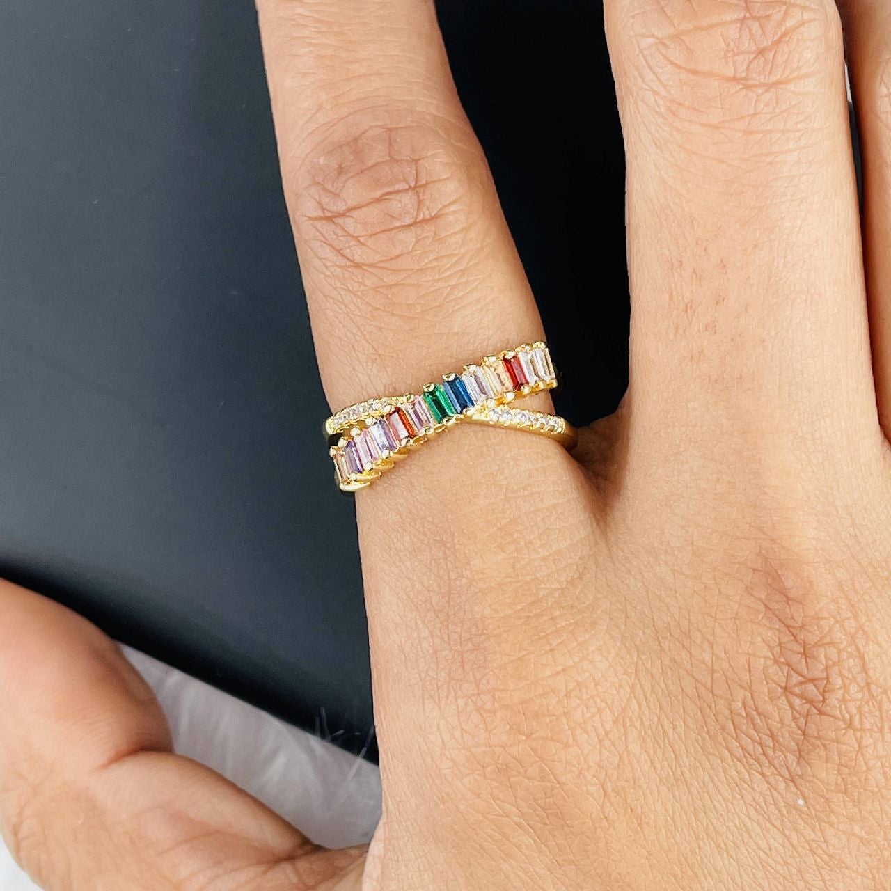 Rainbow Gold Multicolour Copper CZ Crystal Band Ring Bulk
