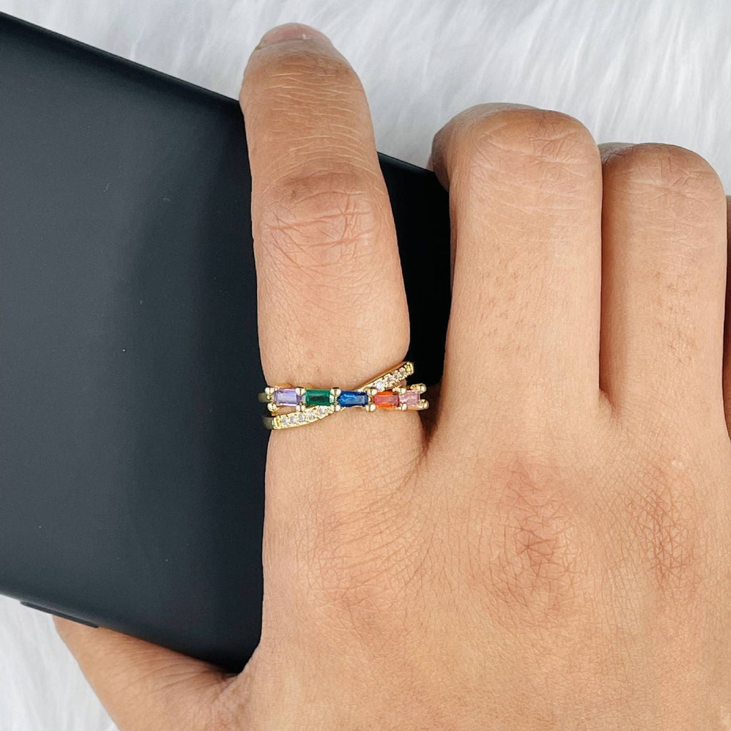 Rainbow Baguette Gold Multi Copper CZ Crystal Band Ring Bulk