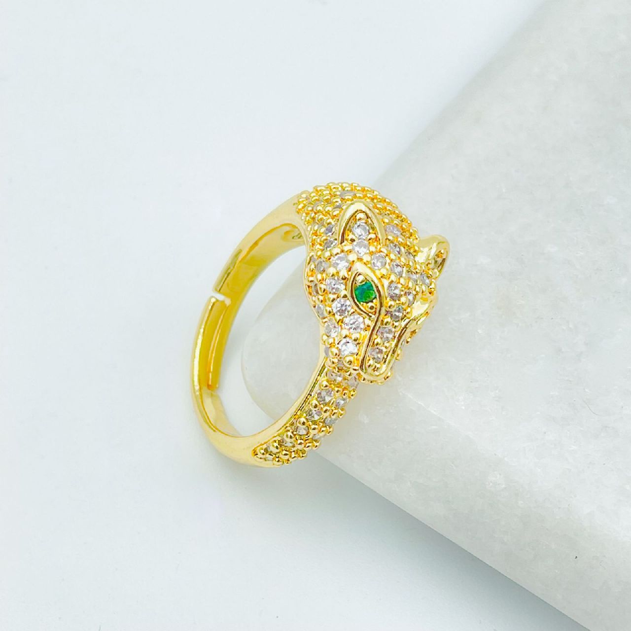 Stainless Steel Cubic Zirconia Panther Gold Green Adjustable Ring Bulk
