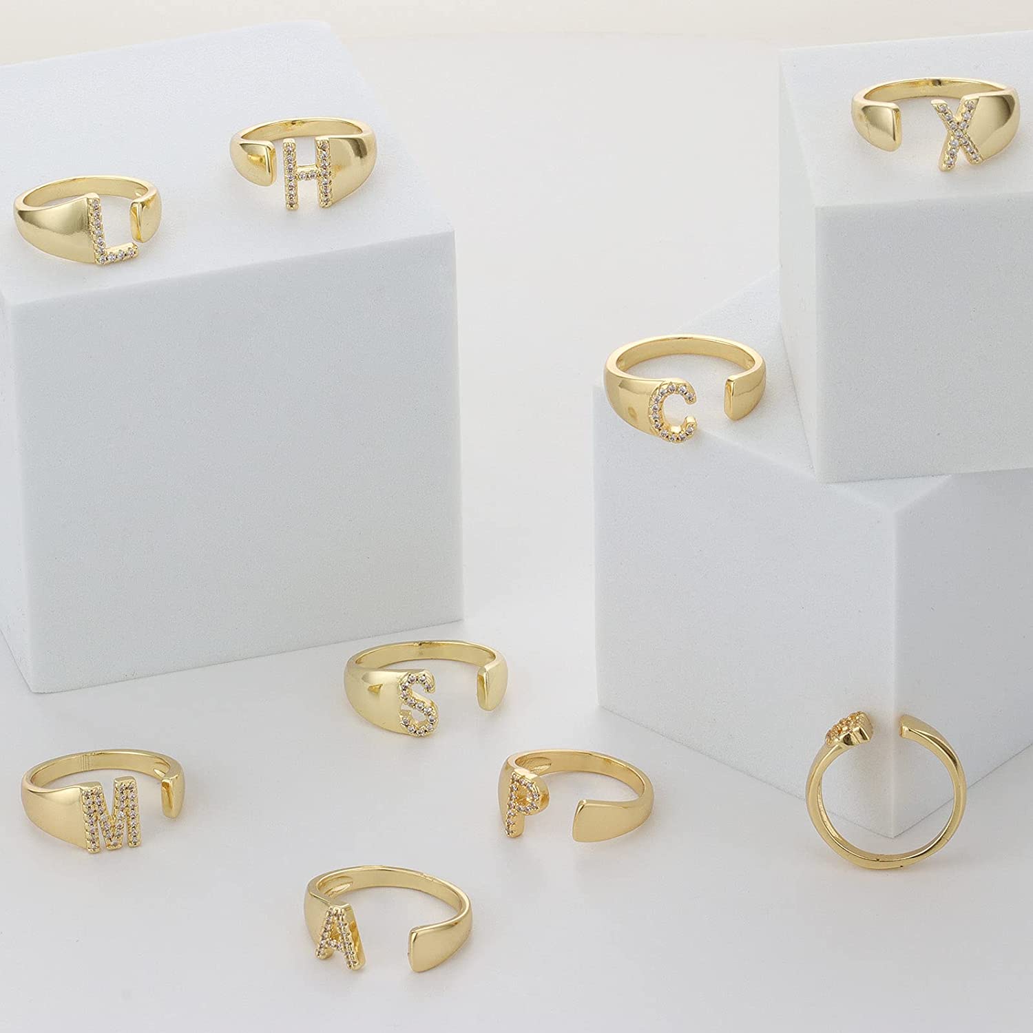 Initial Alphabets Letter CZ Gold Adjustable Band Ring Bulk