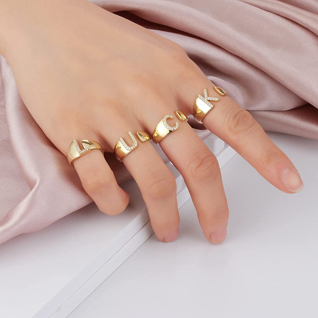 Initial Alphabets Letter CZ Gold Adjustable Band Ring Bulk