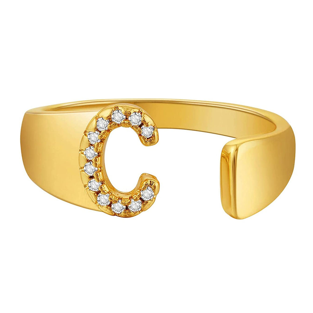 Initial Alphabets Letter CZ Gold Adjustable Band Ring Bulk