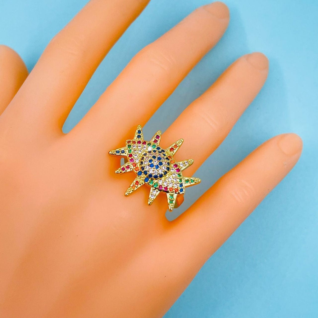 Eyelashes Evil Eye Copper CZ Gold Free Size Adjustable Ring Bulk