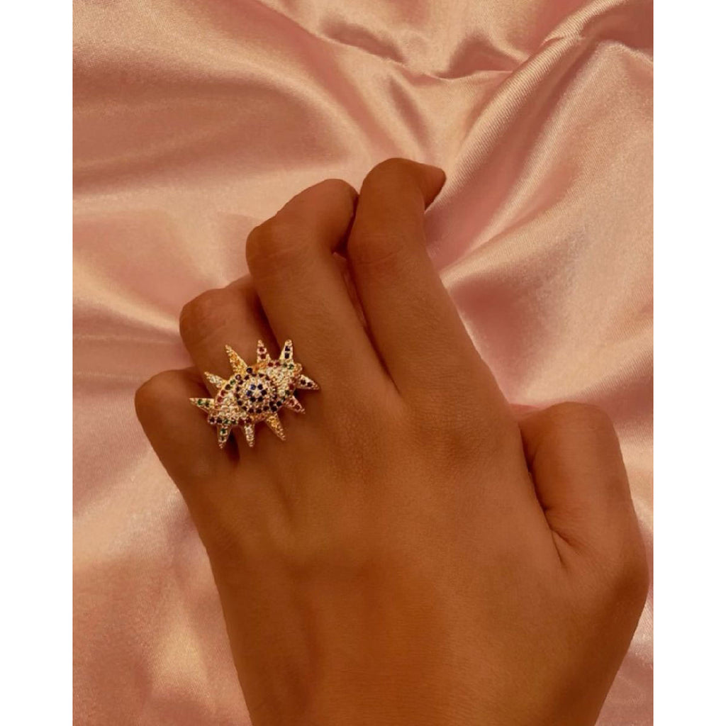 Eyelashes Evil Eye Copper CZ Gold Free Size Adjustable Ring Bulk