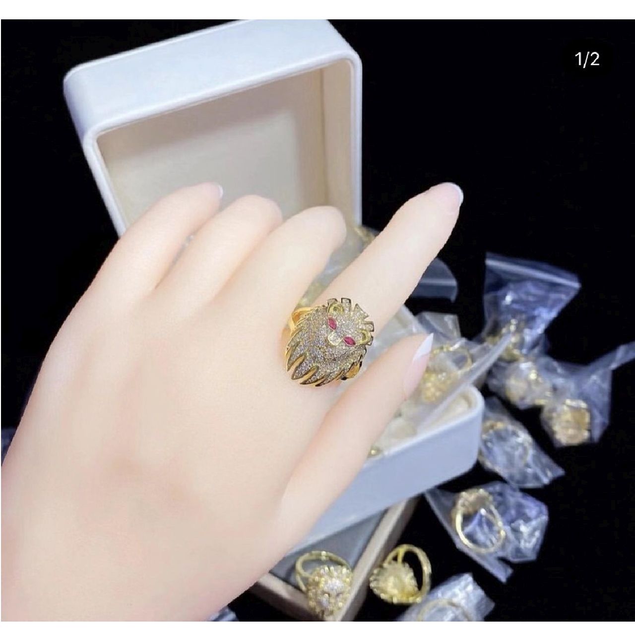 Lion Head Gold Cubic Zirconia Free Size Adjustable Band Ring Gold Bulk Main image